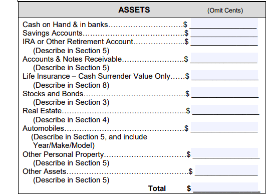 sba form 413 assets