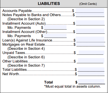 sba form 413 liabilities